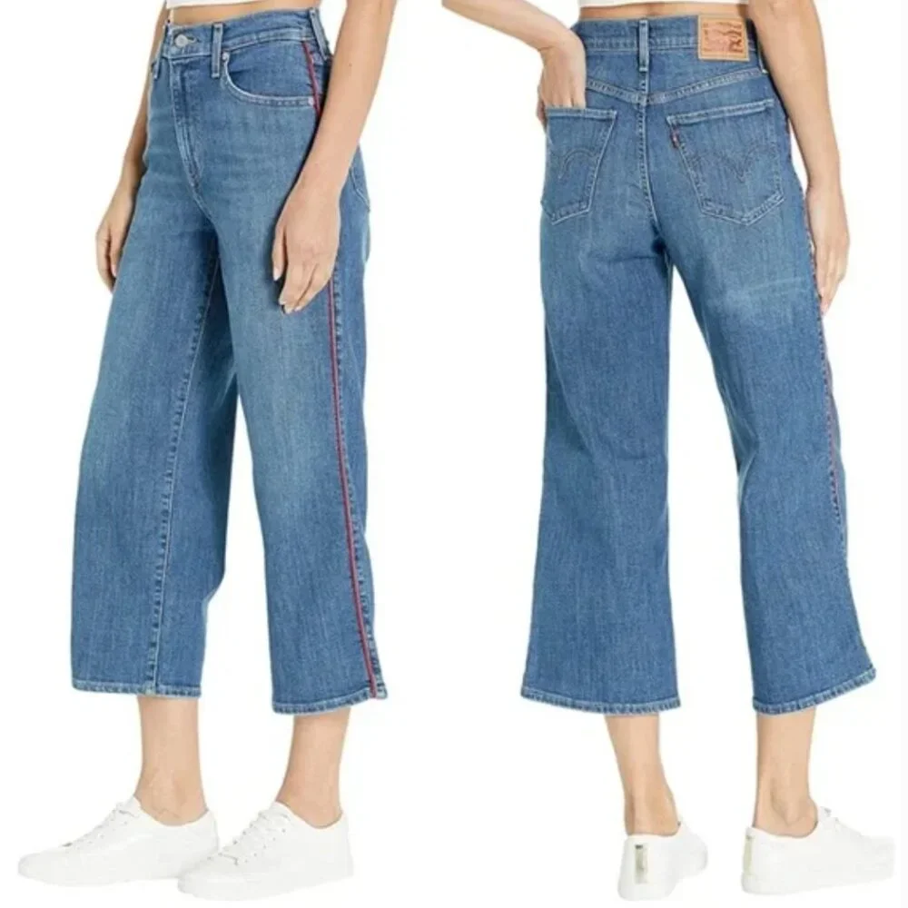 Levis Mile High Red Stripe Cropped Wide Leg Jeans